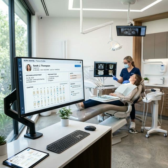 A dentist with a patient, with the clinic's appointments managed in DentiSoft